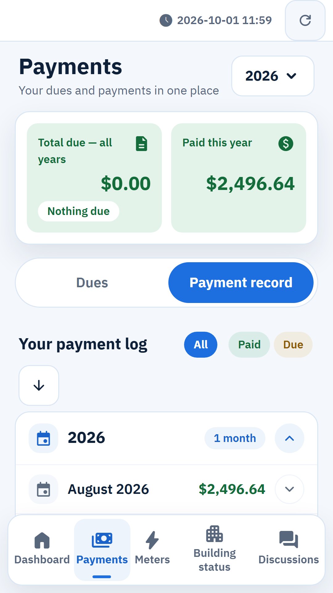 My dues and payment history — Resident · Mobile