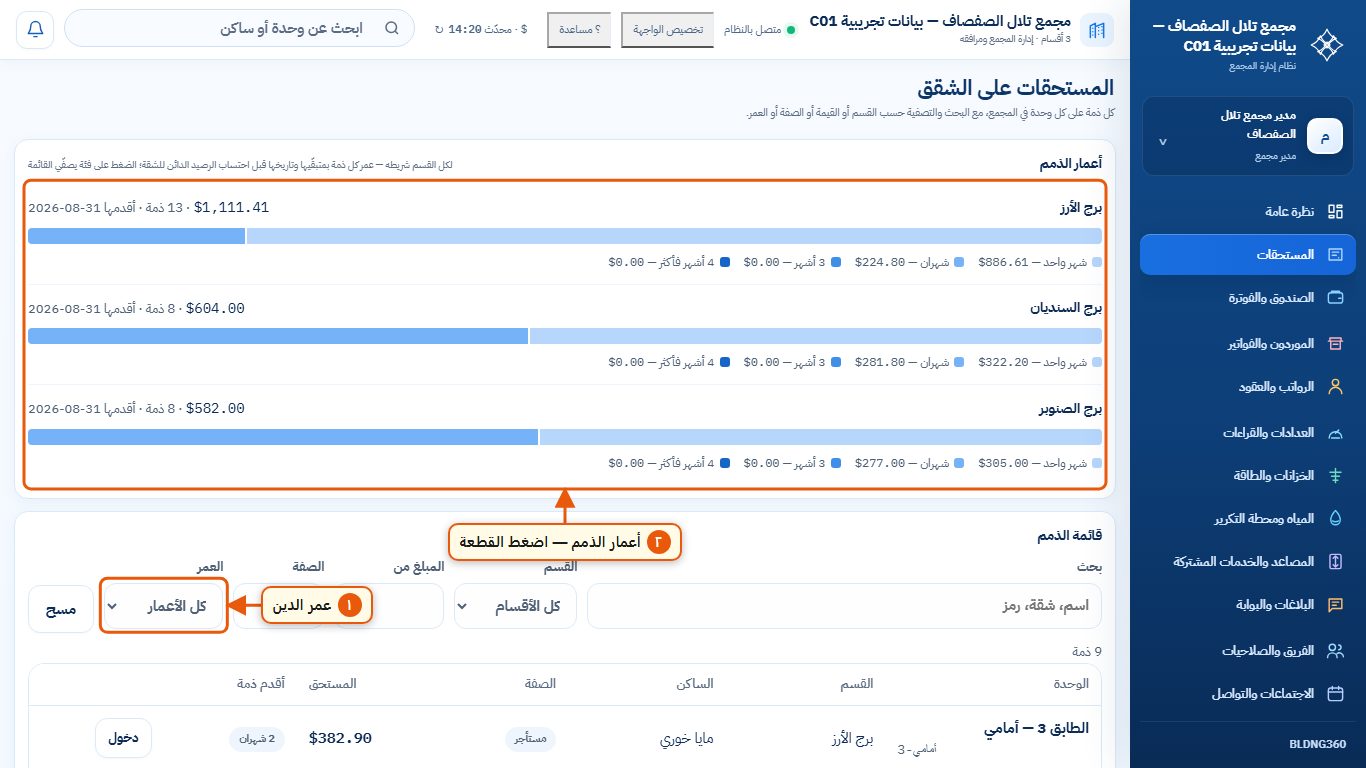 أعمار المستحقات على الشقق