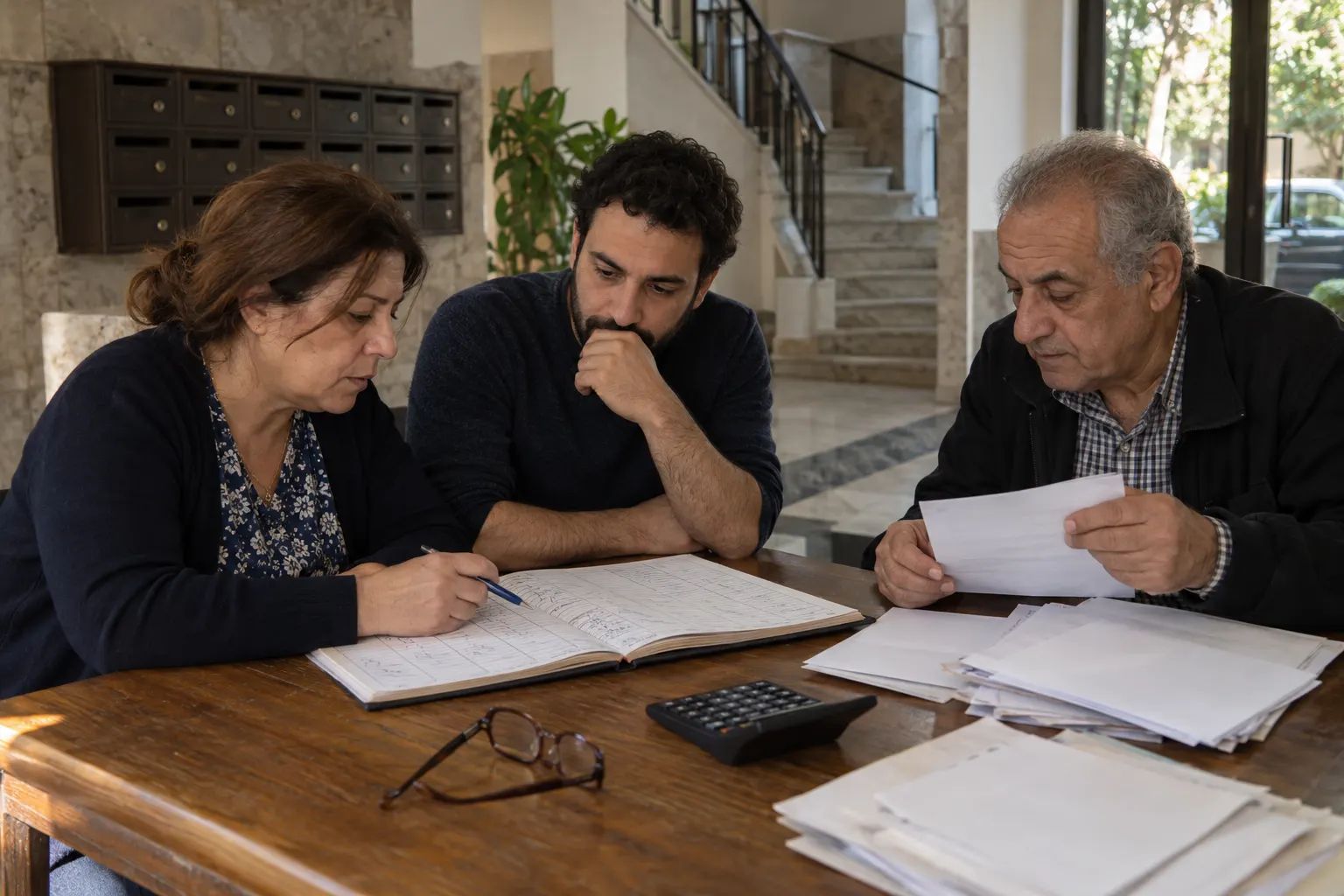 ثلاثة جيران من لجنة المبنى يراجعون دفتر الحسابات والفواتير على طاولة في مدخل البناية